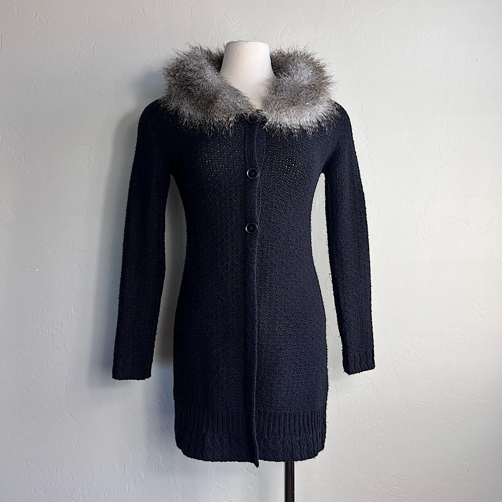 Y2K Cato Button Up Long Knit Cardigan with Faux Fur Collar